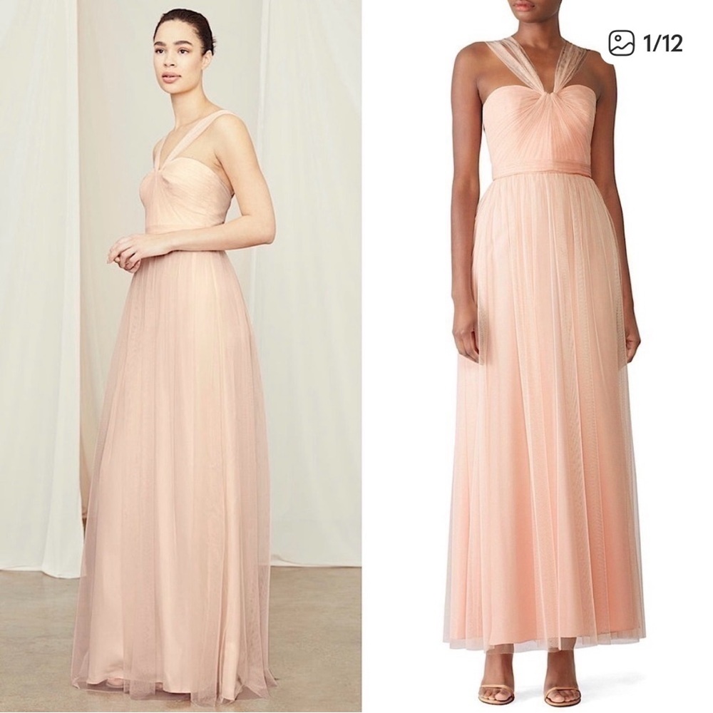 AMSALE Pleated Blush Tulle Sleeveless Halter Strap Ruched Bodice Maxi Gown 0